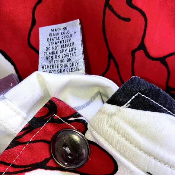 CHICO'S sz L / sz 2 Red White Black Khaki Floral Cotton Stretch Tunic Top Jacket - Picture 5 of 5